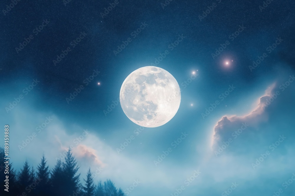 Full moon shines brightly in night sky with cosmic clouds. Nebulae surround large moon in starry background. Trees silhouettes appear dark against celestial scenery. Misty atmosphere creates Full moon shines brightly in night sky with cosmic clouds. Nebulae surround large moon in starry background. Trees silhouettes appear dark against celestial scenery. Misty atmosphere creates