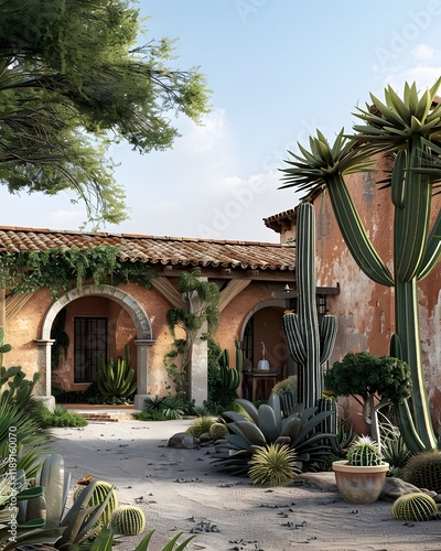 Historic Spanish Mission Style Hacienda with Arched Entryways Surrounded by Cacti and Succulents in Arid Desert Landscape