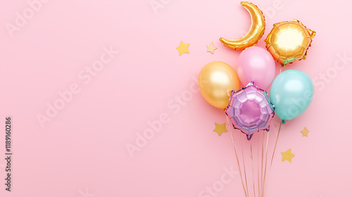 A vibrant arrangement of Eid themed balloons and crescent moon decorations styled on a plain pastel pink background. photo