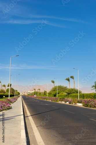 Incredibly beautiful roads and coastline with palm trees near the red sea in the tourist resort of the sunny town of Sharm El Sheikh in Egypt