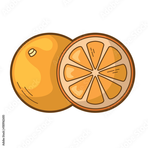 Orange vibrant whole fruit and a juicy segmented slice showcased. Perfect for food blogs, juice packaging, recipe books, and health related content