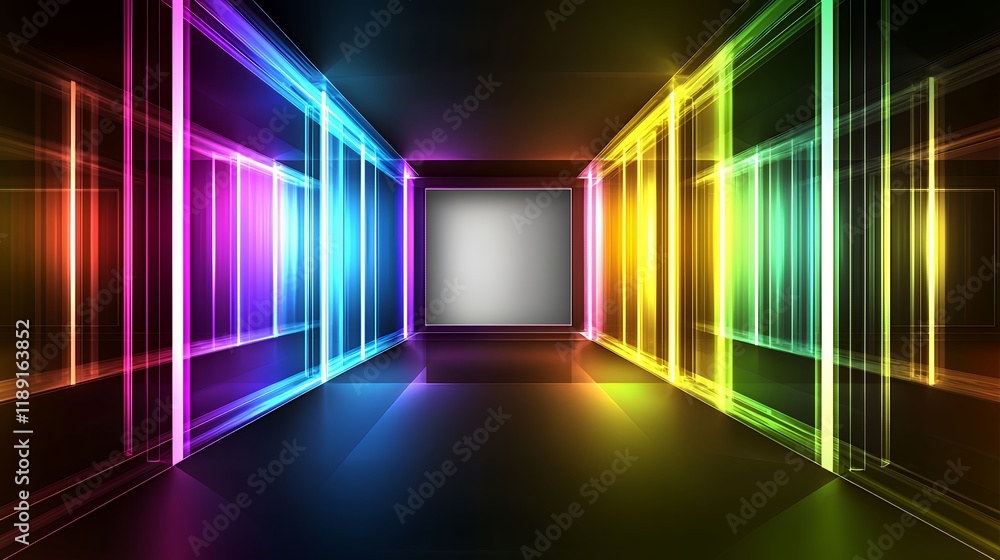Abstract Neon Corridor: Vibrant Glowing Light Paths and Prismatic Reflections Abstract Neon Corridor: Vibrant Glowing Light Paths and Prismatic Reflections