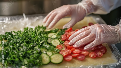 Fresh vegetables being prepared with gloved hands, showcasing vibrant colors and healthy ingredients for a dish.
