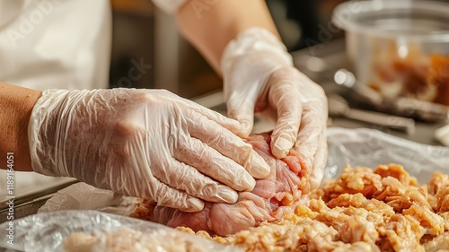 A chef wearing gloves prepares meat, skillfully mixing it with other ingredients on a work surface, highlighting food preparation techniques.