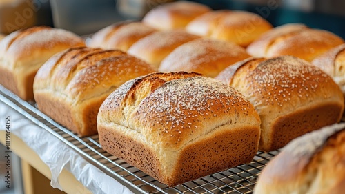 Freshly baked loaves of bread cooling on a wire rack, showcasing a golden crust and a sprinkle of flour on top.