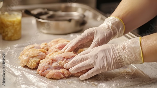 A person wearing gloves prepares raw chicken on a kitchen counter, emphasizing food safety and hygiene practices.