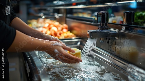 A person washes fruits and vegetables under running water, surrounded by a variety of fresh produce in a kitchen setting.