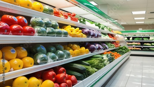 A colorful display of fresh fruits and vegetables neatly arranged on supermarket shelves, showcasing a vibrant selection for healthy choices.