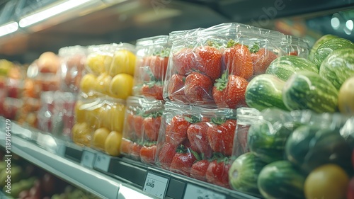 A vibrant display of fresh fruits and vegetables in clear packaging, showcasing a variety of colors and textures in a grocery store.