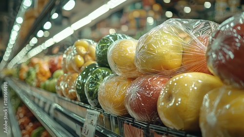 A colorful display of wrapped apples in a grocery store showcases fresh produce in an organized manner.