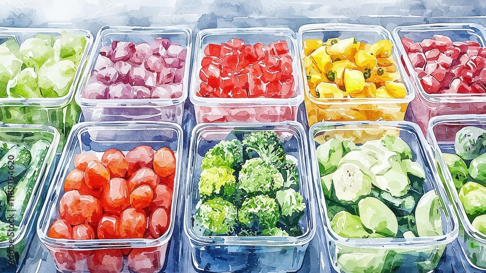 A vibrant display of assorted fruits and vegetables in clear containers, showcasing a variety of colors and textures.