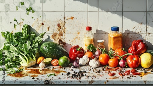 A vibrant kitchen scene featuring a variety of fresh vegetables and sauces, with splatters of sauce on the countertop, showcasing a lively cooking atmosphere.