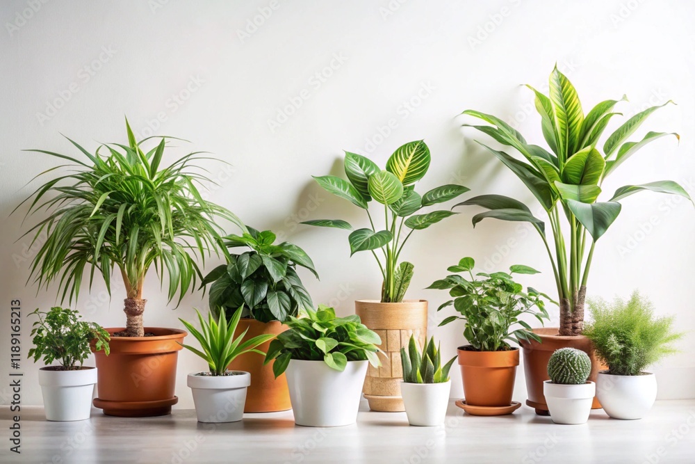 Obraz premium Variety of houseplants in ceramic and terracotta pots, showcasing vibrant green foliage on a wooden surface with a minimalist style