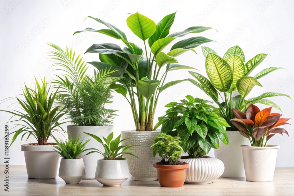 Group of indoor potted plants for home decor and air quality improvement, displayed against a white background with natural lighting Group of indoor potted plants for home decor and air quality improvement, displayed against a white background with natural lighting