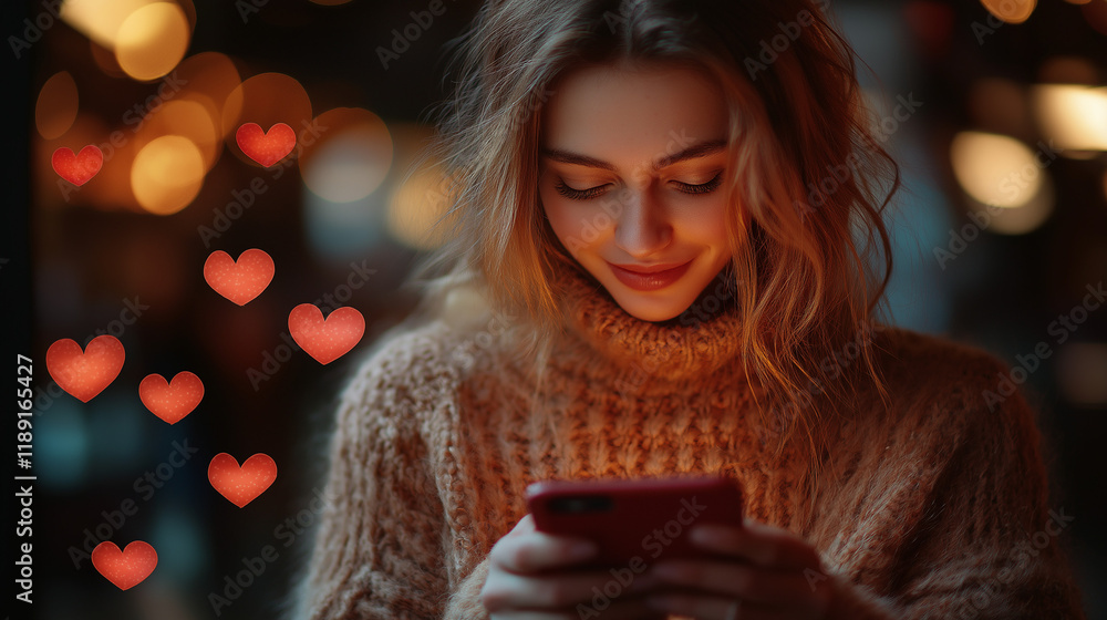 Valentine day concept, love message - hearts flying out smartphone in womans hands Valentine day concept, love message - hearts flying out smartphone in womans hands