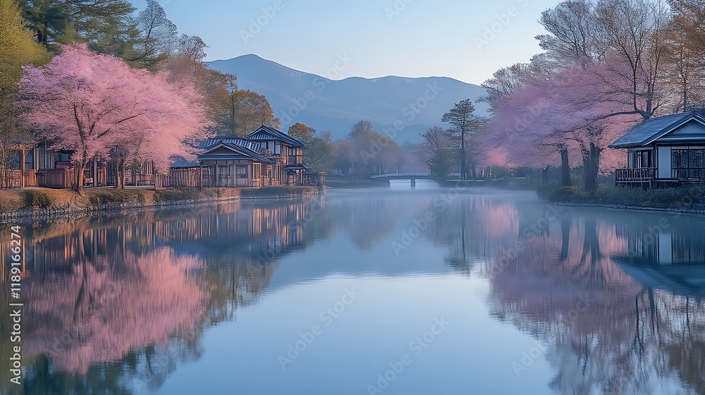 Fototapeta premium Serene Japanese Village Canal Springtime Cherry Blossoms
