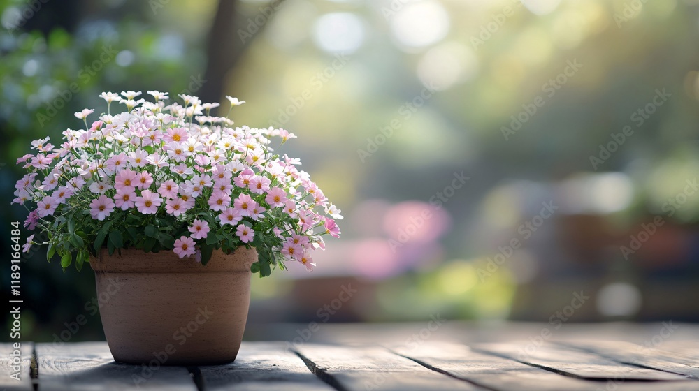 Colorful flower pot on wooden table in a sunlit garden during springtime Colorful flower pot on wooden table in a sunlit garden during springtime