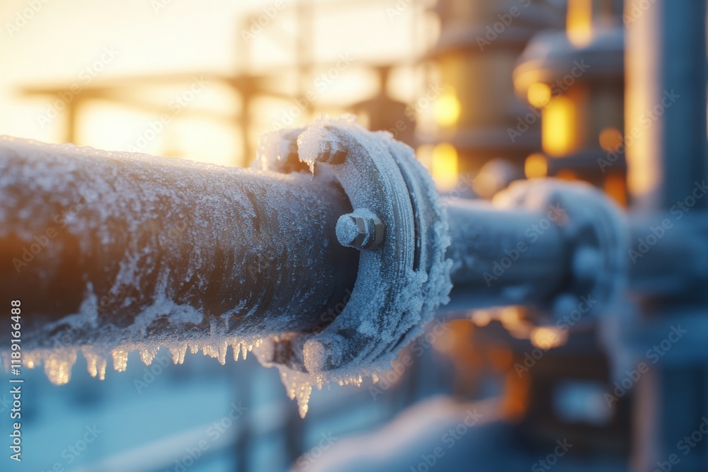 Detailed shot of gas pipes with frost accumulation illuminated by morning lighting, featuring a blurred gas processing unit in the background for a captivating industrial scene. Detailed shot of gas pipes with frost accumulation illuminated by morning lighting, featuring a blurred gas processing unit in the background for a captivating industrial scene.
