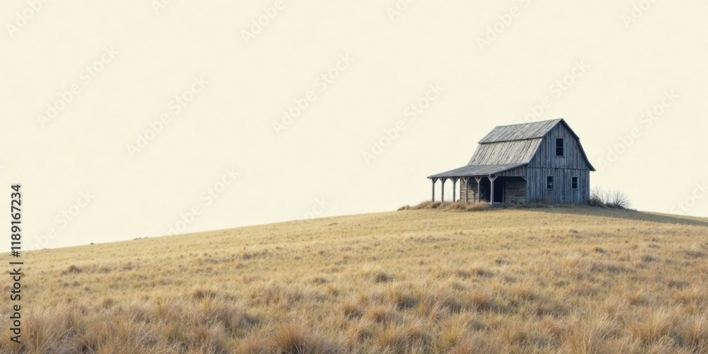 Rustic Wooden Barn on a Expansive Grassy Hilltop Under a Pale Sky Rustic Wooden Barn on a Expansive Grassy Hilltop Under a Pale Sky