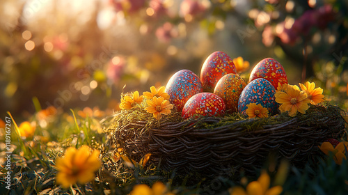 A nest filled with Easter eggs resting in grass on a sunny spring day, perfect for an Easter decoration banner. photo