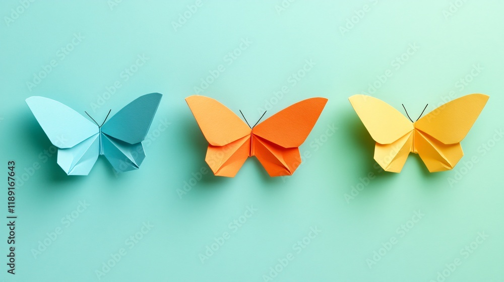 Colorful origami butterflies in pastel shades on a soft background