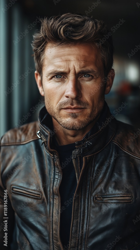 Confident biker in leather jacket sports portrait for authentic lifestyle and fashion inspiration Confident biker in leather jacket sports portrait for authentic lifestyle and fashion inspiration