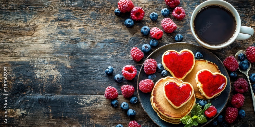 A breakfast spread with heart-shaped pancakes, berries, and a cup of coffee. A breakfast spread with heart-shaped pancakes, berries, and a cup of coffee.