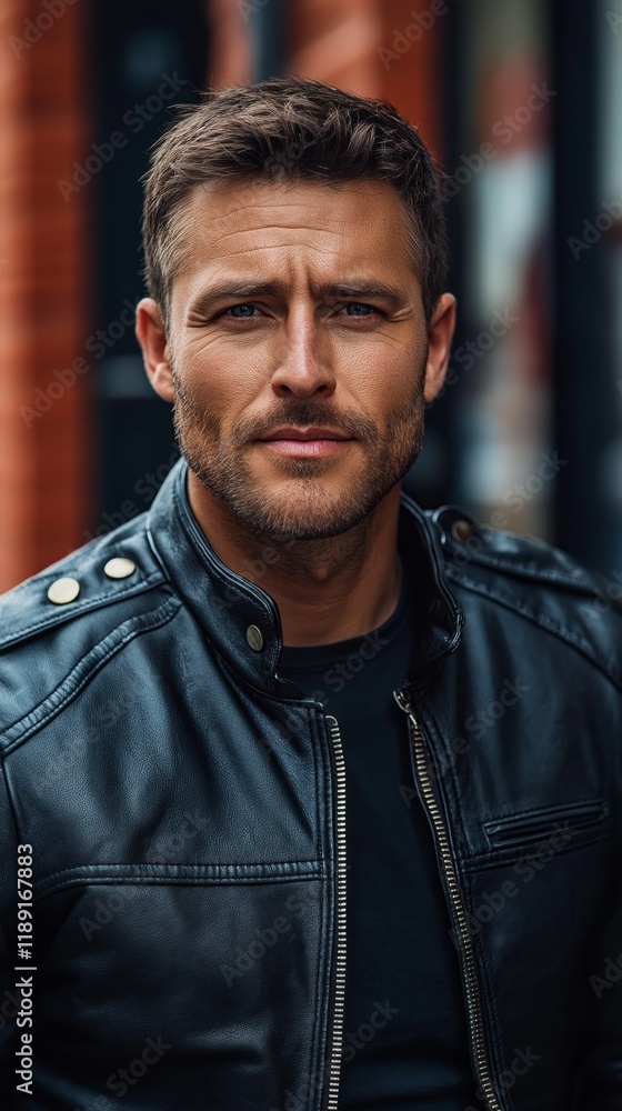 Confident biker portrait in leather jacket highlighting sporty style and individuality Confident biker portrait in leather jacket highlighting sporty style and individuality