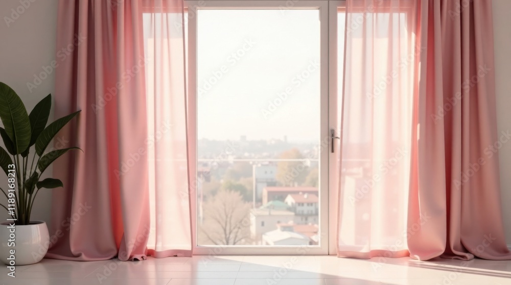 Fototapeta premium Serene Room Interior with Pale Pink Curtains and Sunlight