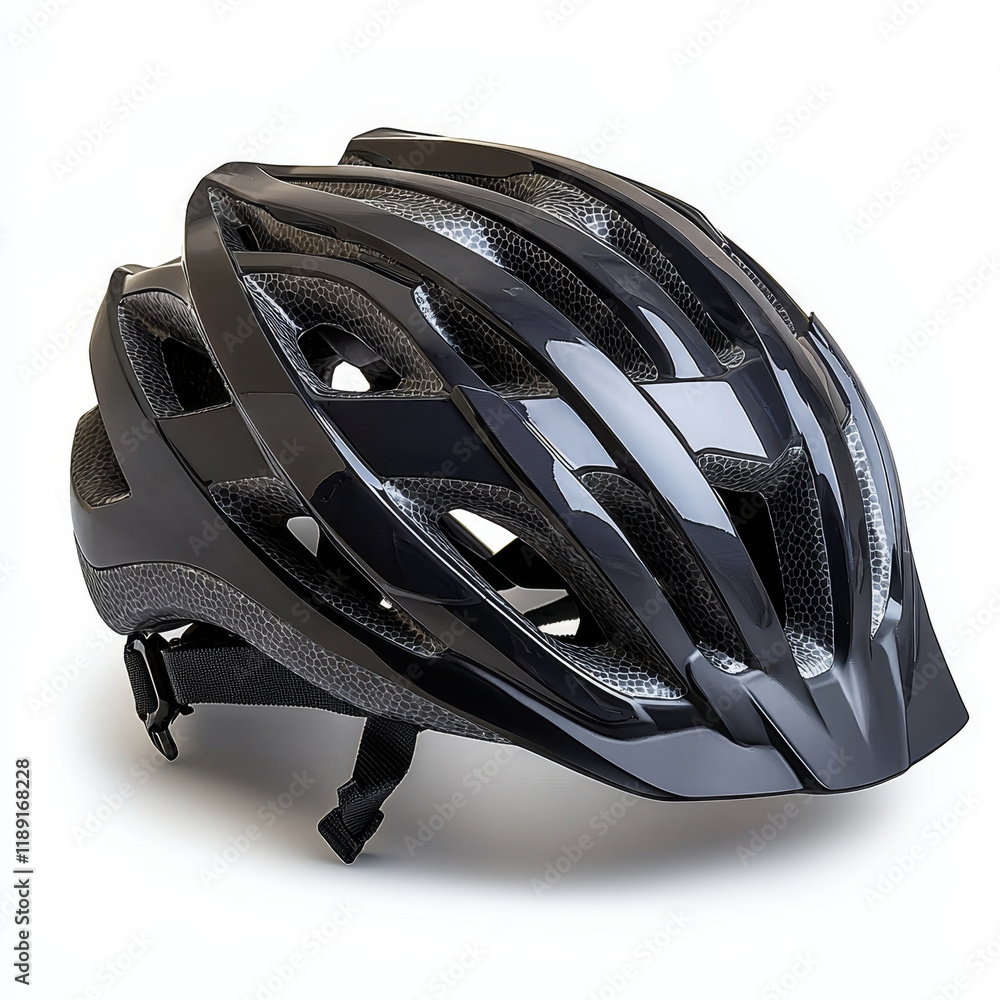 Sleek black bicycle helmet; aerodynamic design; textured shell. Sleek black bicycle helmet; aerodynamic design; textured shell.