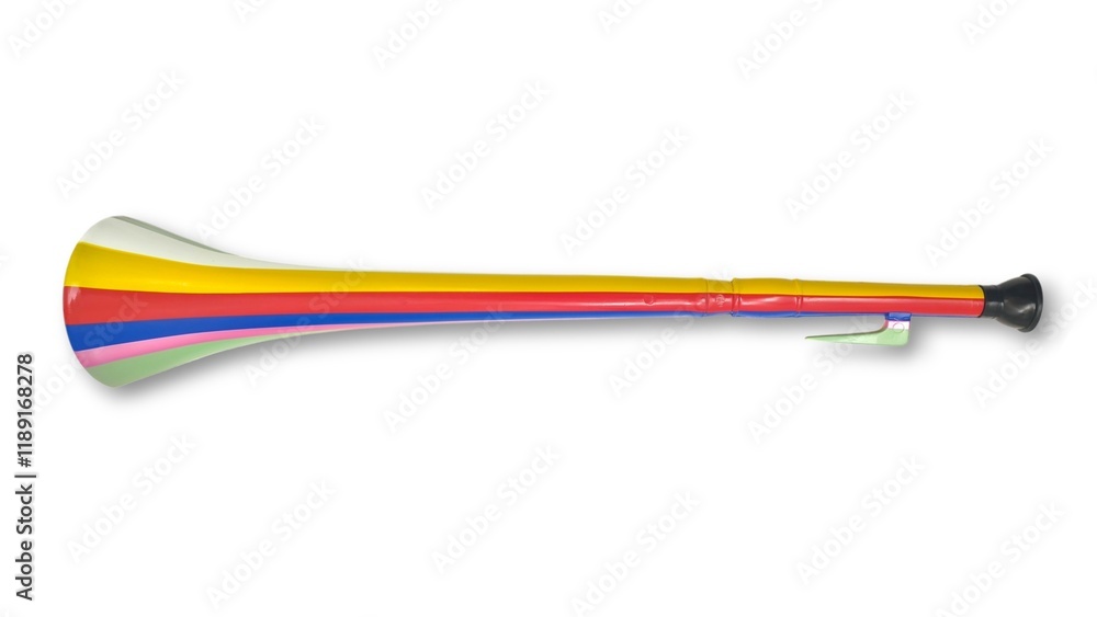 Top view of a multicolored plastic trombone, isolated on white background. The playful design and bright hues make it ideal for parties, costumes, or festive decorations. Top view of a multicolored plastic trombone, isolated on white background. The playful design and bright hues make it ideal for parties, costumes, or festive decorations.