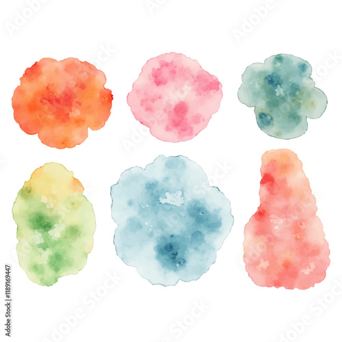 A set of six abstract watercolor blobs or stains in various colors, creating a vibrant and diverse collection. These organic shapes are perfect for backgrounds, design elements, and creating unique pa