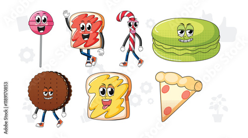 Set of facial expression with vintage style food cartoon on white background illustration. 
