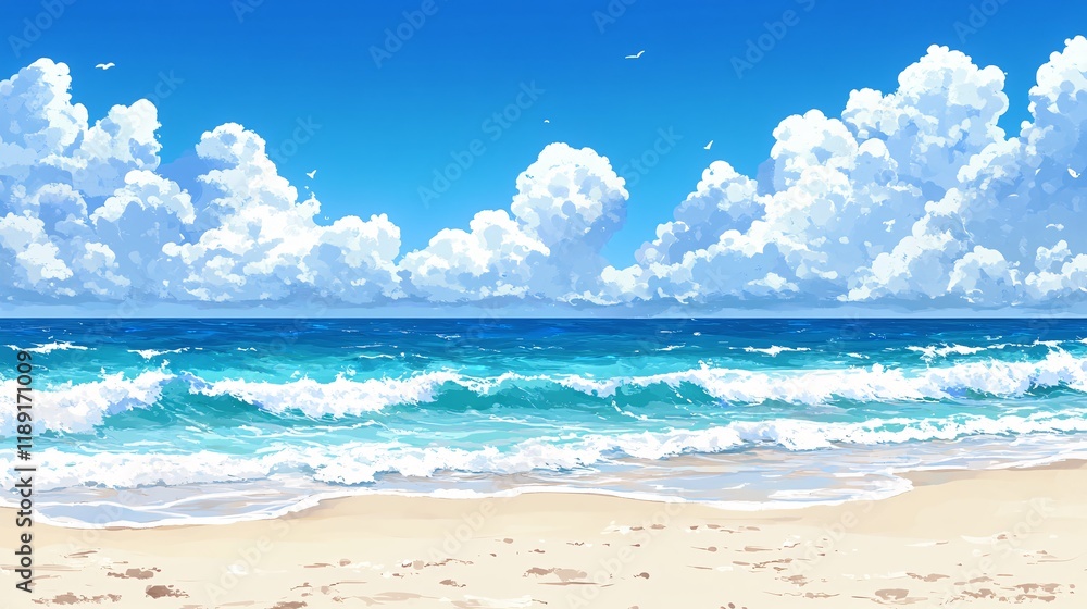 Fototapeta premium Calm ocean waves meeting a sandy shore under a bright blue sky with fluffy clouds