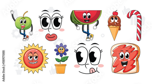 Set of facial expression with vintage style food cartoon on white background illustration. 