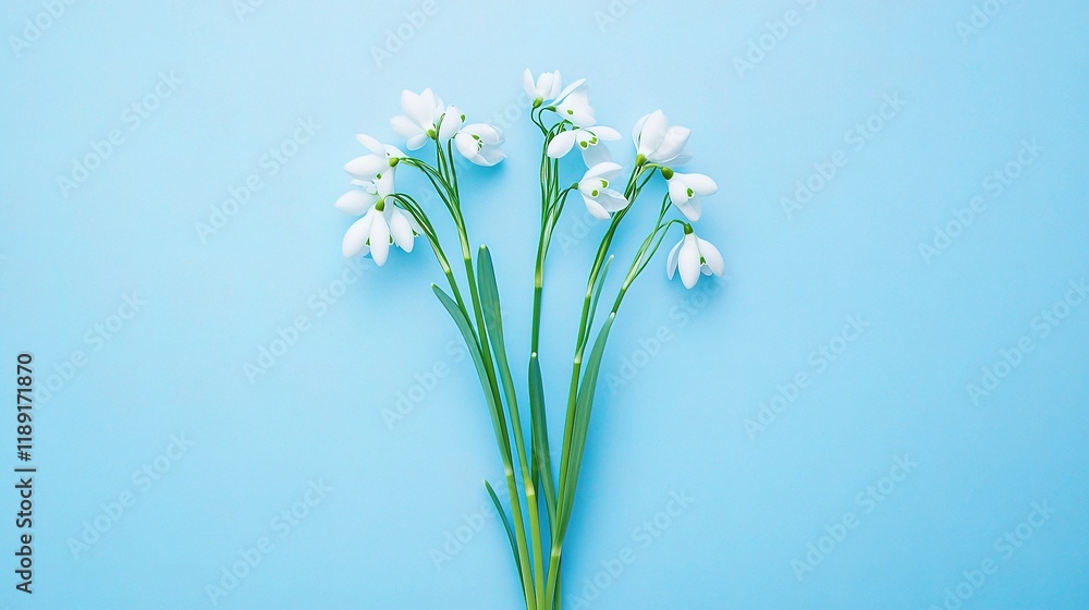 Fototapeta premium Flat Lay Composition of Snowdrop Flowers on Bright Blue Background