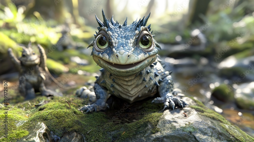 Adorable baby dragon sitting on mossy rock in enchanted forest. Adorable baby dragon sitting on mossy rock in enchanted forest.