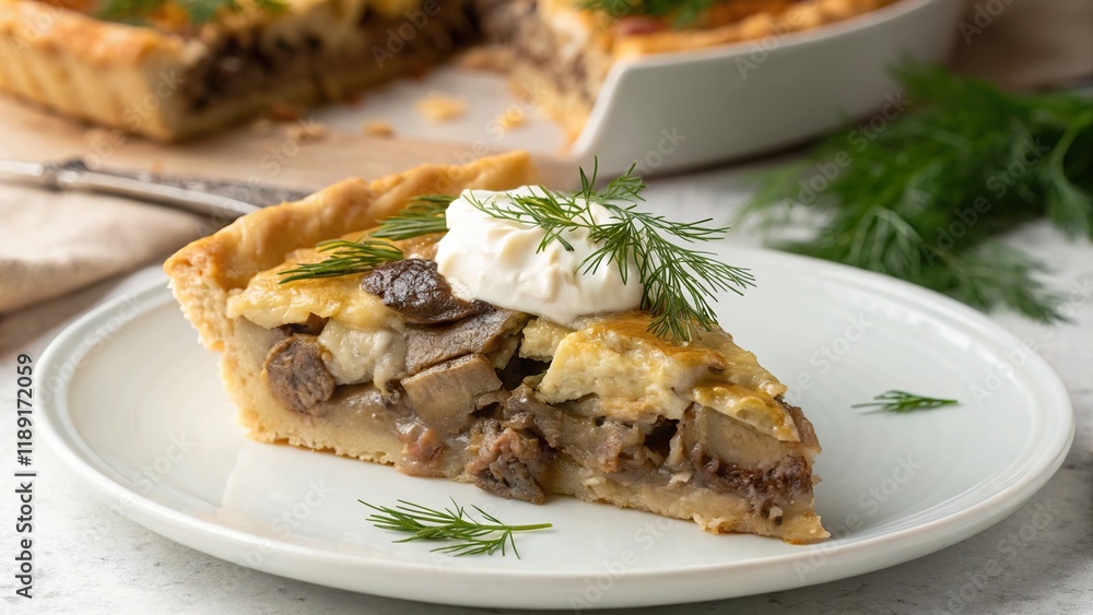 Delicious slice of beef stroganoff pie served on a white plate with garnishes Delicious slice of beef stroganoff pie served on a white plate with garnishes