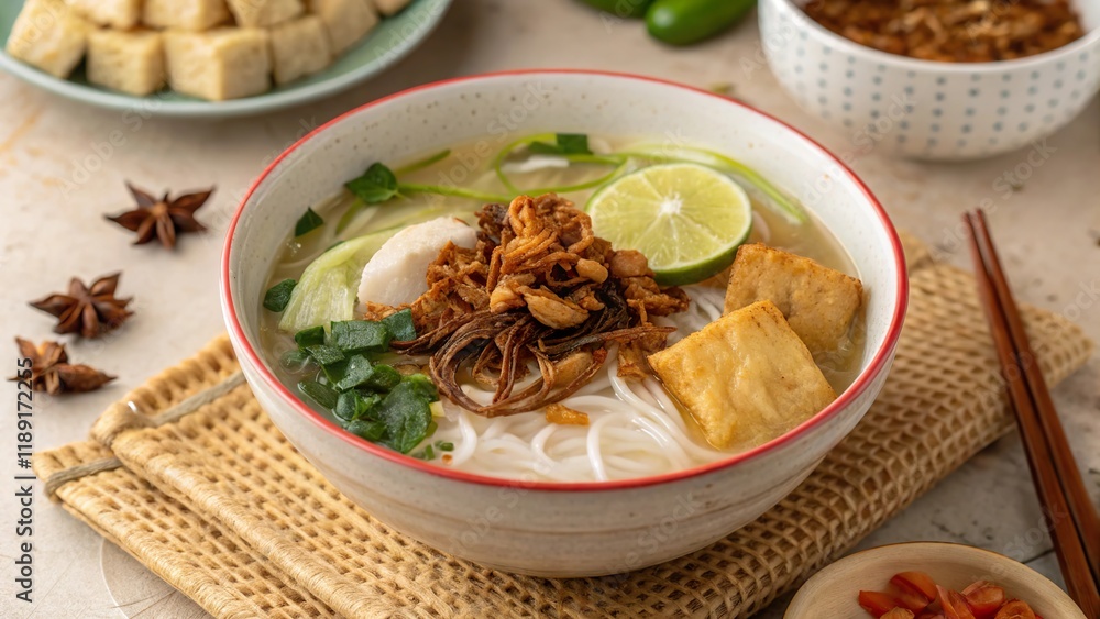 Steaming bowl of bee hoon soup topped with tofu, herbs, and lime on a woven tray at a cozy kitchen setting