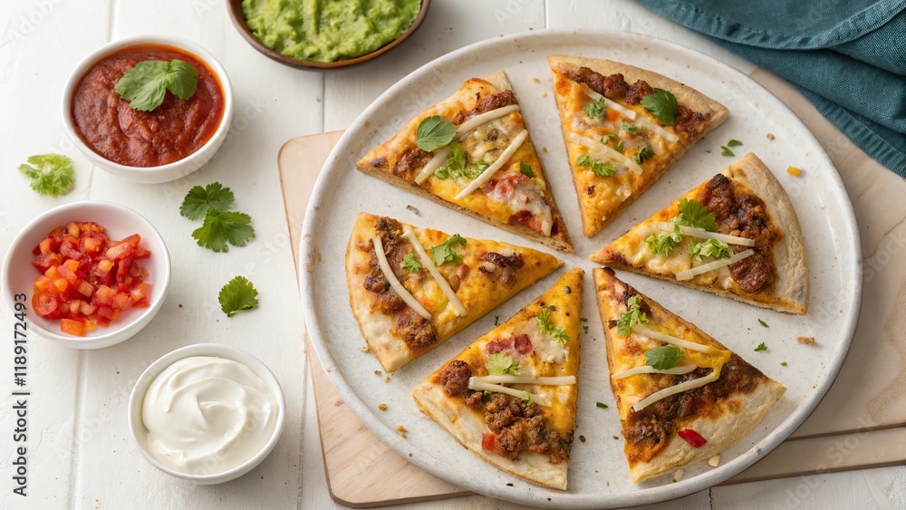 Taco pizza slices arranged neatly on a circular plate with colorful sides for a festive dining experience Taco pizza slices arranged neatly on a circular plate with colorful sides for a festive dining experience