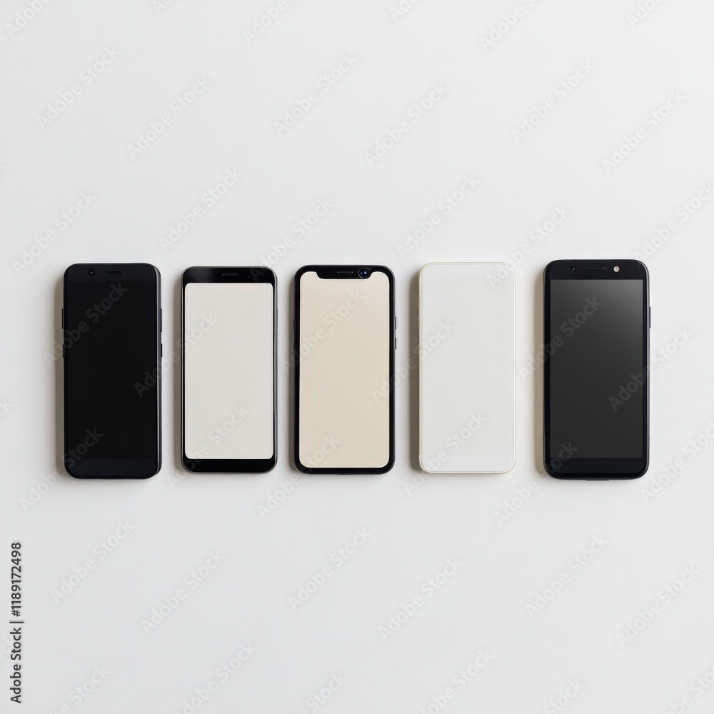 five mobile phones in a row on a plain background five mobile phones in a row on a plain background
