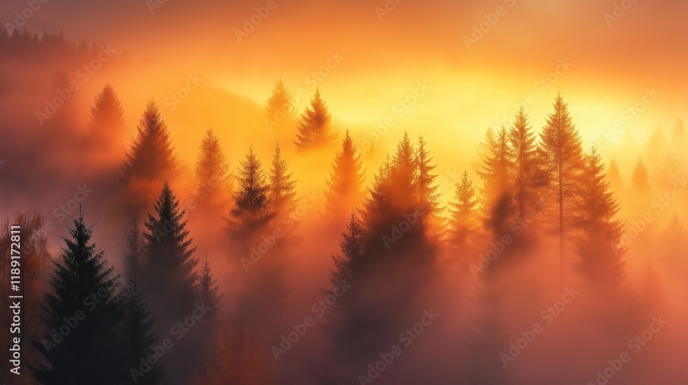 Obraz premium Enigmatic tree silhouettes in foggy forest at dawn capturing mystical atmosphere
