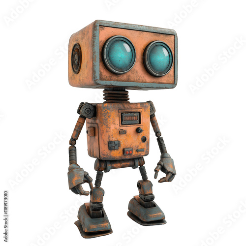 Cute orange robot character with glowing blue eyes, retro sci-fi toy design