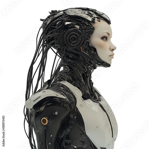 Futuristic Female Cyborg with Detailed Mechanic Design. Futuristic Robot with Advanced AI Technology.  Robot in cyberpunk style, without background.