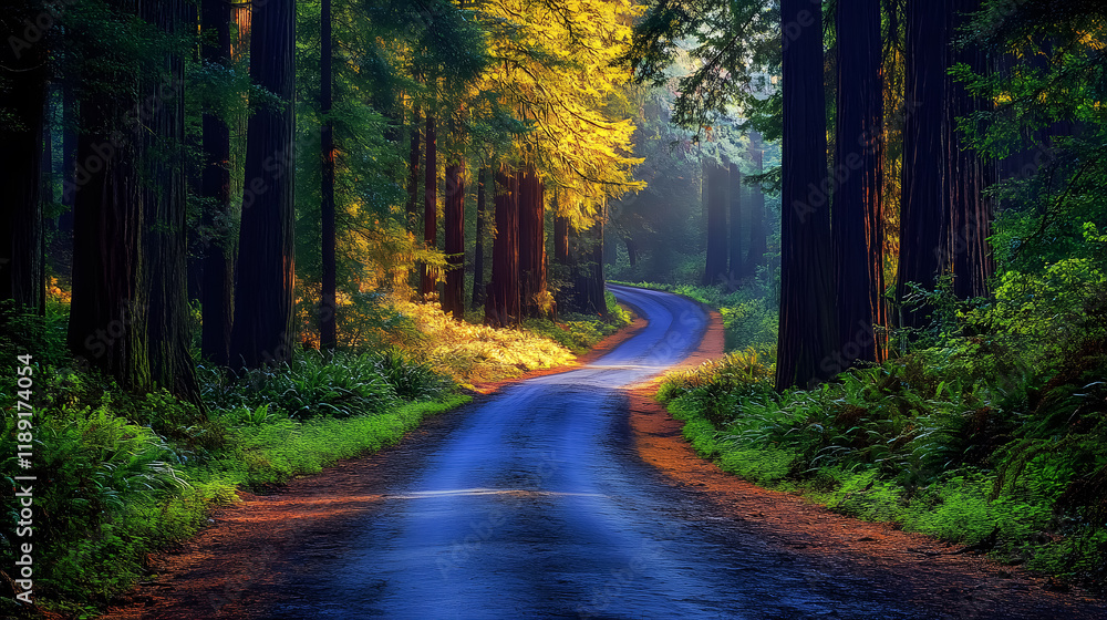 Fototapeta premium A scenic road winds through the majestic Redwood National Forest.