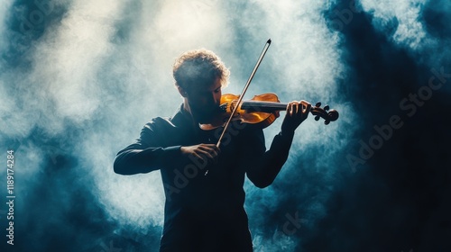 Musician playing violin in dramatic stage lighting with smoke all around photo