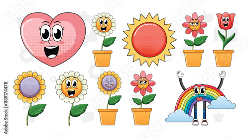 Set of facial expression with vintage style food cartoon on white background illustration. flowers, love, sun vector