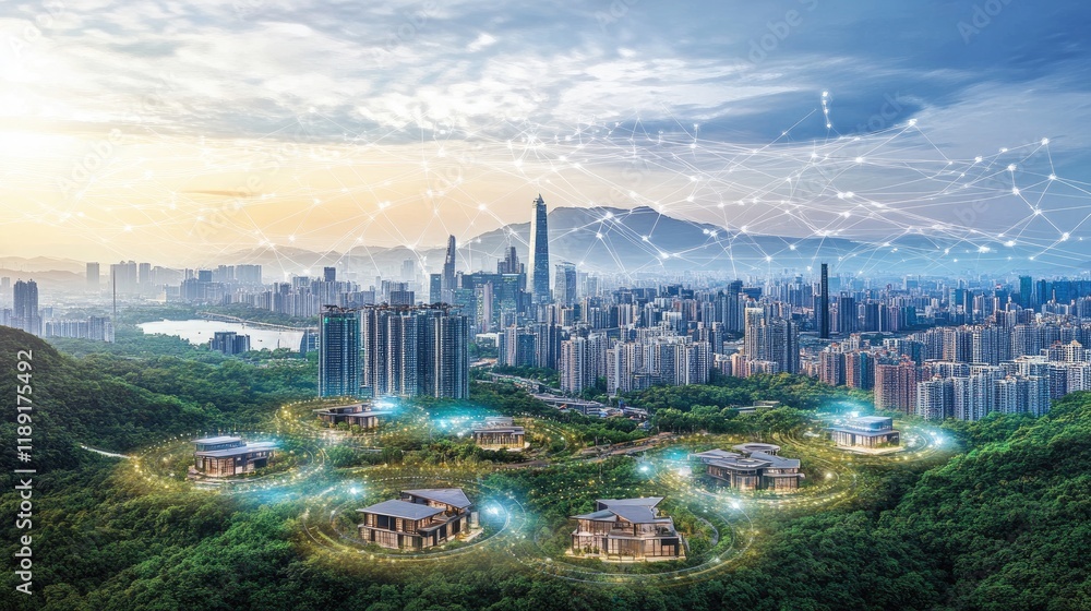 Obraz premium Smart city aerial view showcasing futuristic technology integrated with nature and residential areas.