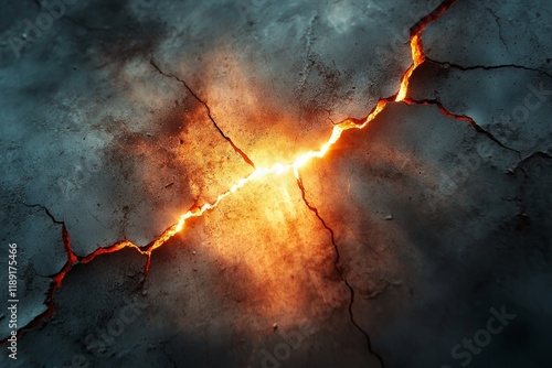Deep crack splitting the ground open, revealing incandescent magma flowing from within the earth