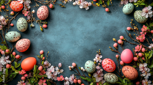 Cheerful easter concept showcasing colorful eggs surrounded by vibrant spring blossoms with space for text